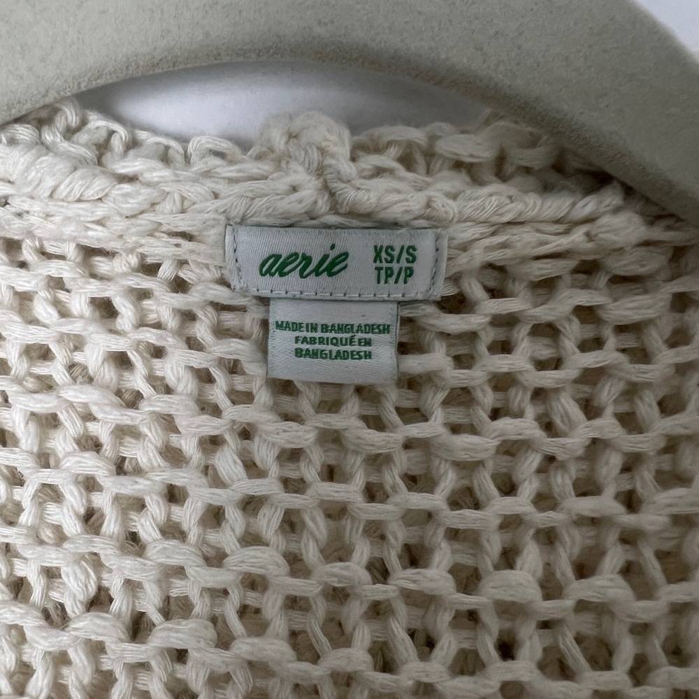 AERIE Beige Hooded Open Knit Bohemian Oversized Slouchy Open Cardigan Sz XS/S - Picture 10 of 12